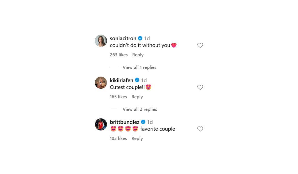 Sonia Citron, Kiki Iriafen and Brittney Sykes react to Marist Liufau's post on Instagram (Source: Marist Liufau)